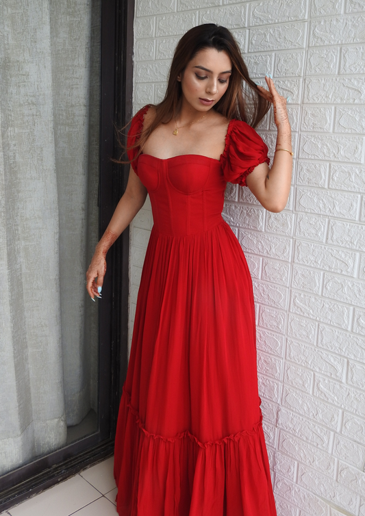 Seoraa Theresa Red Georgette Long Maxi Dress – Sweetheart Bustier, Puff Sleeves, Frills & Crisscross Back Tie for Birthday, Valentine’s Day, Upscale Events, Weddings, and Galas