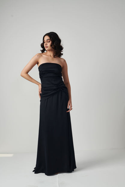 Seora Loungewear Black Colour Gown With Rushing