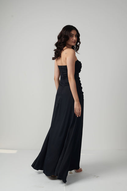 Seora Loungewear Black Colour Gown With Rushing