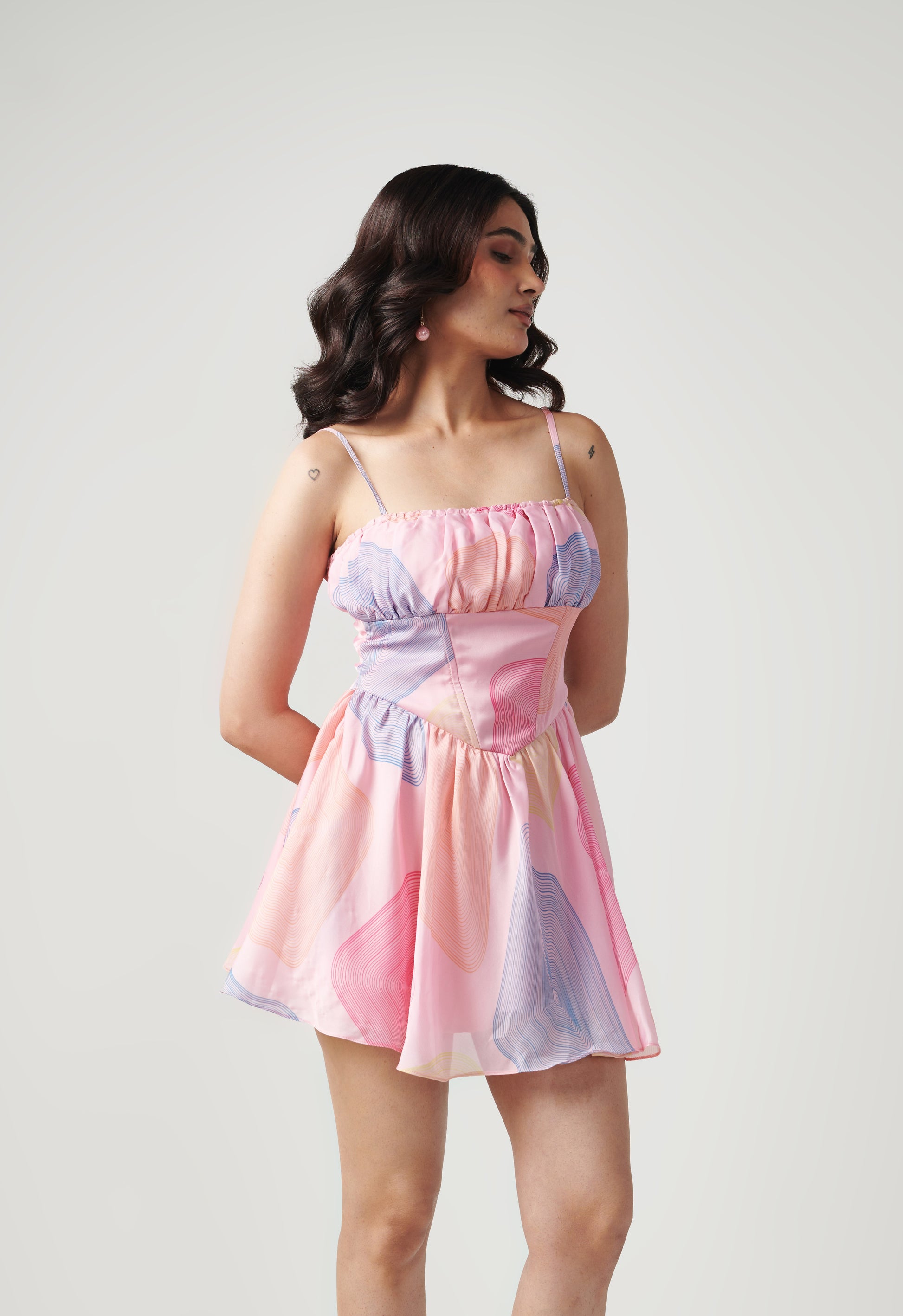 Seora Summer Wear Bubbly printed pink Short Dress with Gathers