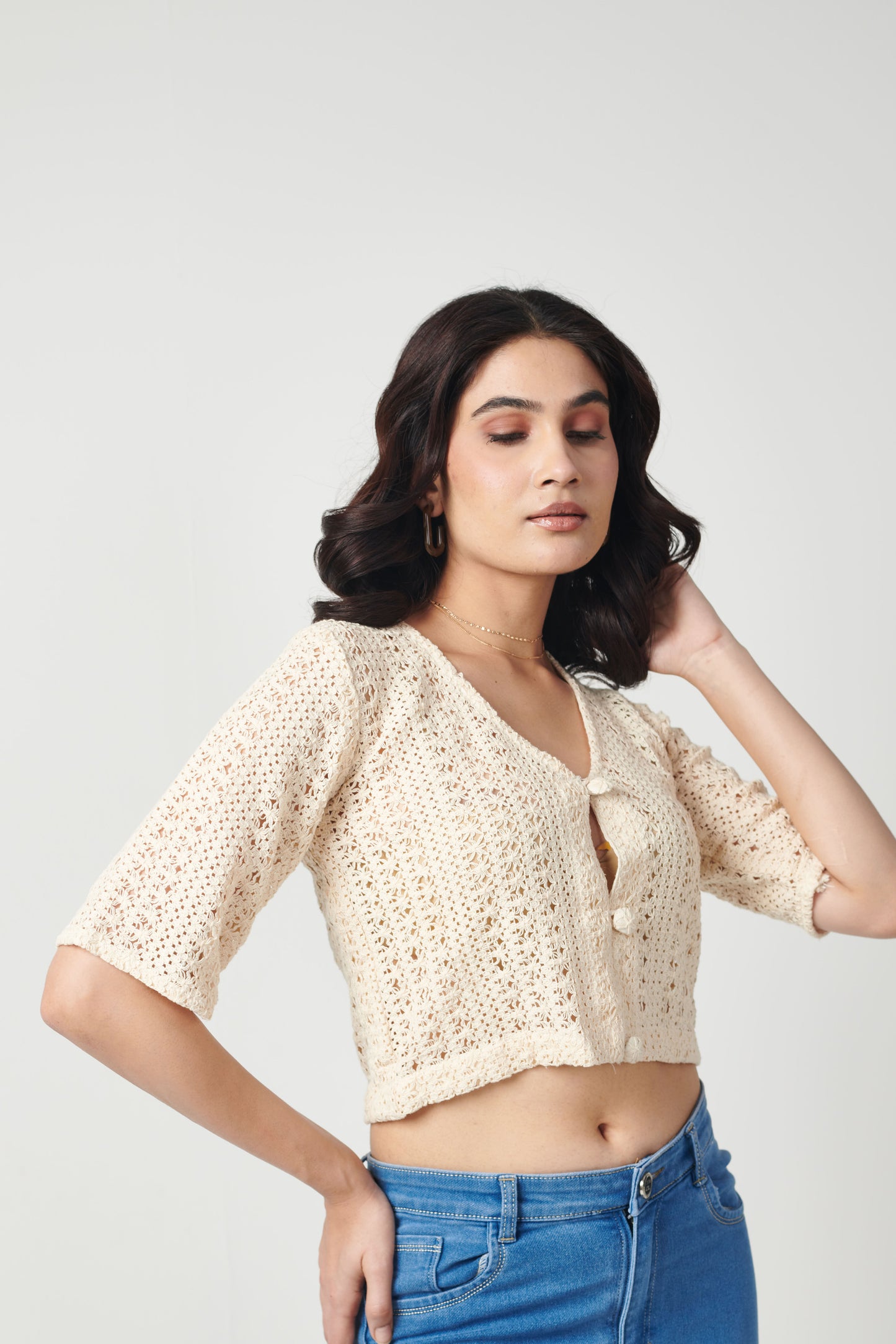 seoraa Summer Wear  Beige Crop Top With front Button