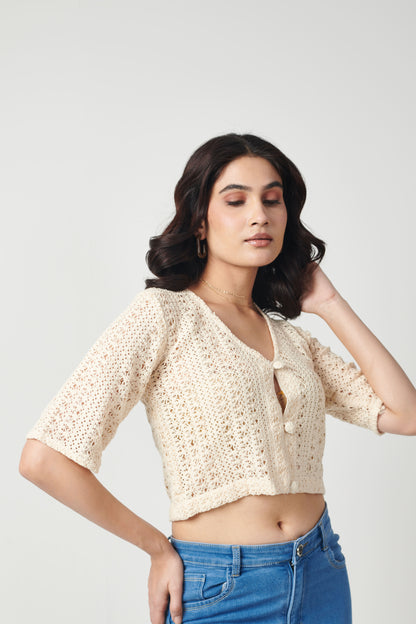 seoraa Summer Wear  Beige Crop Top With front Button